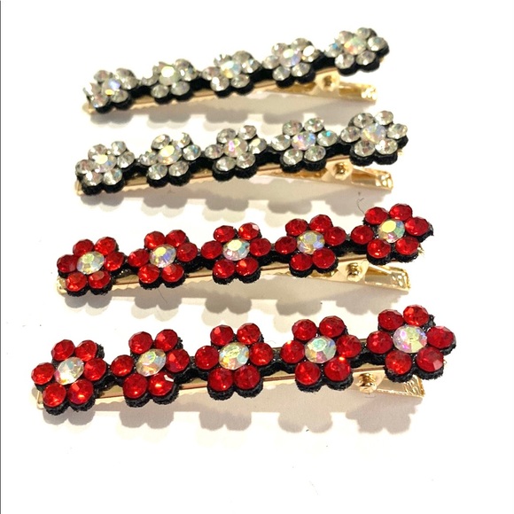 Hair Clips Clear And Red Rhinestone Flowers Gold Tone Set Of 4 - Picture 3 of 4